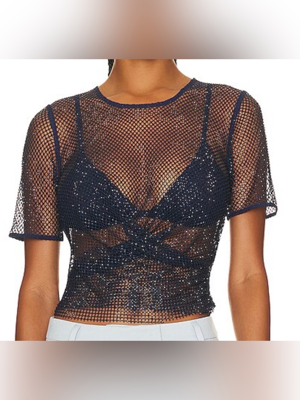 Jonathan Simkhai Mesh Rhinestone Short Sleeve Old Money Quiet Luxury Top Small